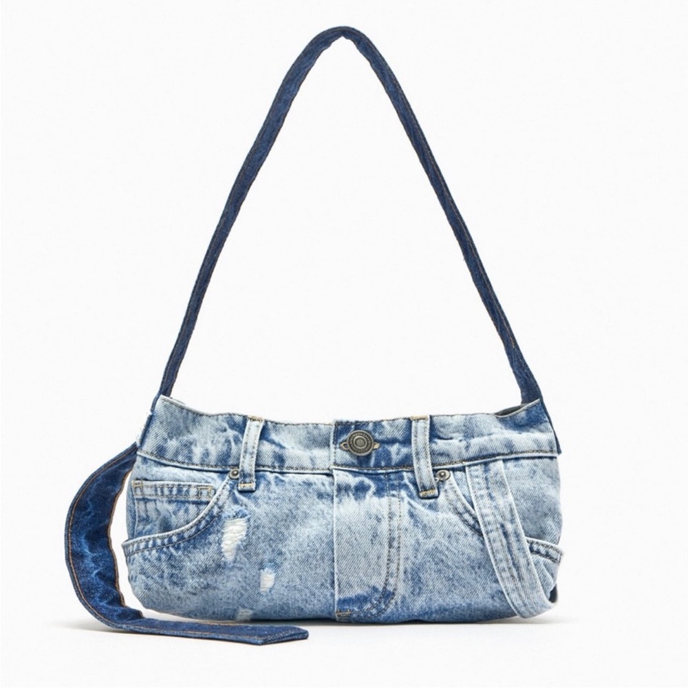 Zara Distressed Denim Shoulder Bag in Faded Blue